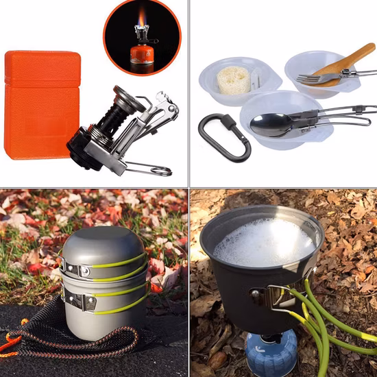 キャンプ調理器具セット - 鍋とフライパン16点 - アウトドアハイキング用折りたたみナイフとフォーク付きノンスティック調理セット